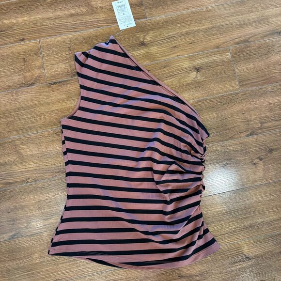 NWT A New Day One Shoulder Shirt Side Ruching Brown Black Stripe M Medium - Picture 2 of 6